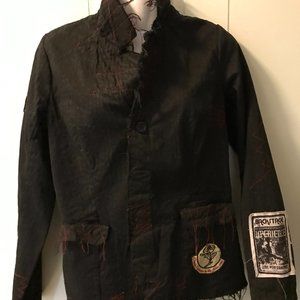 DDP BRAND VINTAGE BLACK DISTRESSED PATCHES FRINGE BLAZER JACKET SIZE S